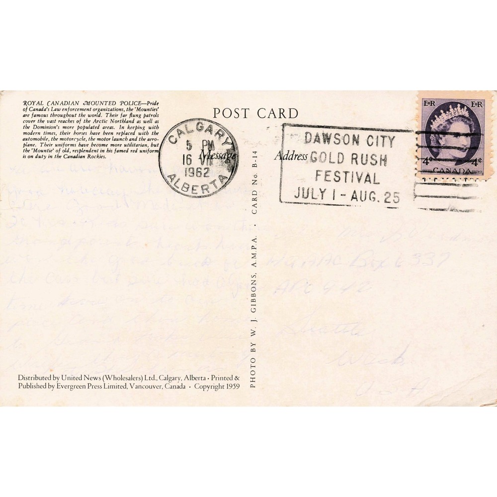 RCMP Mountie on Horseback Postcard 1959 Calgary Alberta 1962 Postmark Chrome - Picture 2 of 2